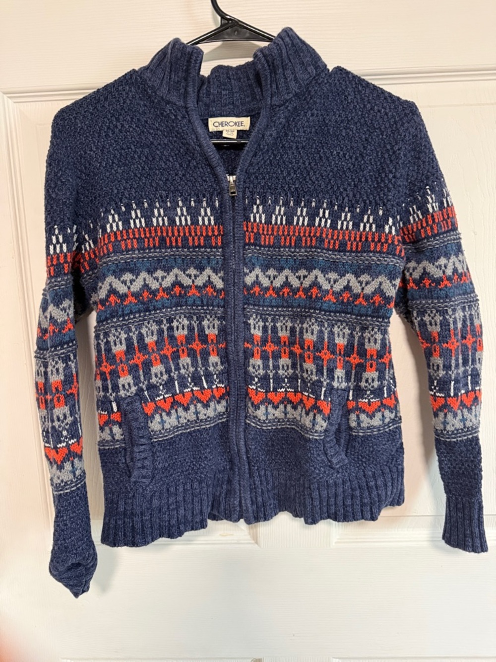 Cherokee Navy Zip-Up Fair Isle Cardigan with Red & Gray Accents